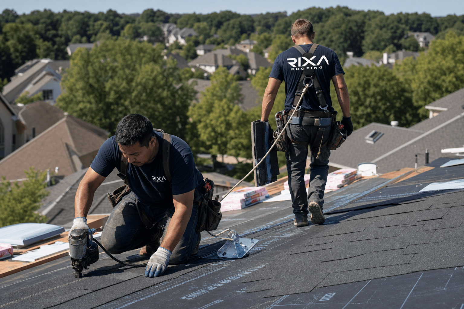 Two Rixa Roofing employees in branded shirts installing shingles on a roof in progress